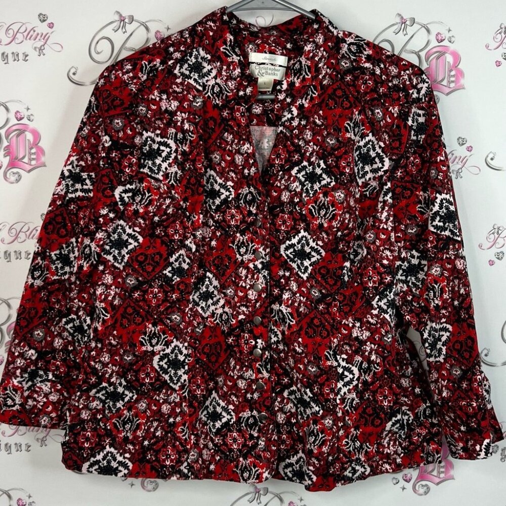 Christopher & Banks shirt top button up blazer Red and Black Floral Blouse